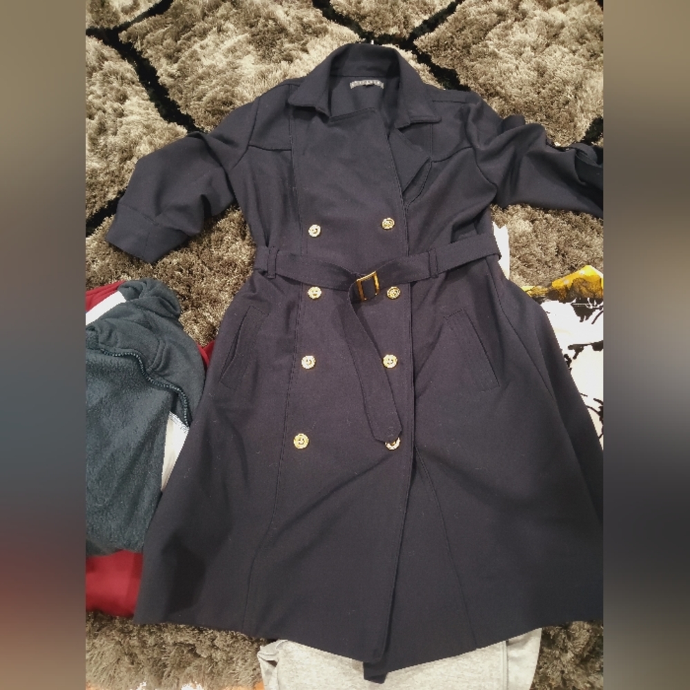 Sharagano Midi Double Breasted Dress Sz 12 Navy Blue Belted Trenchcoat Dress.